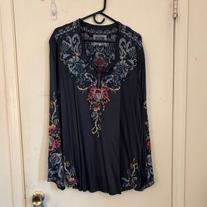 Johnny Was Navy Floral Embroidered Blouse